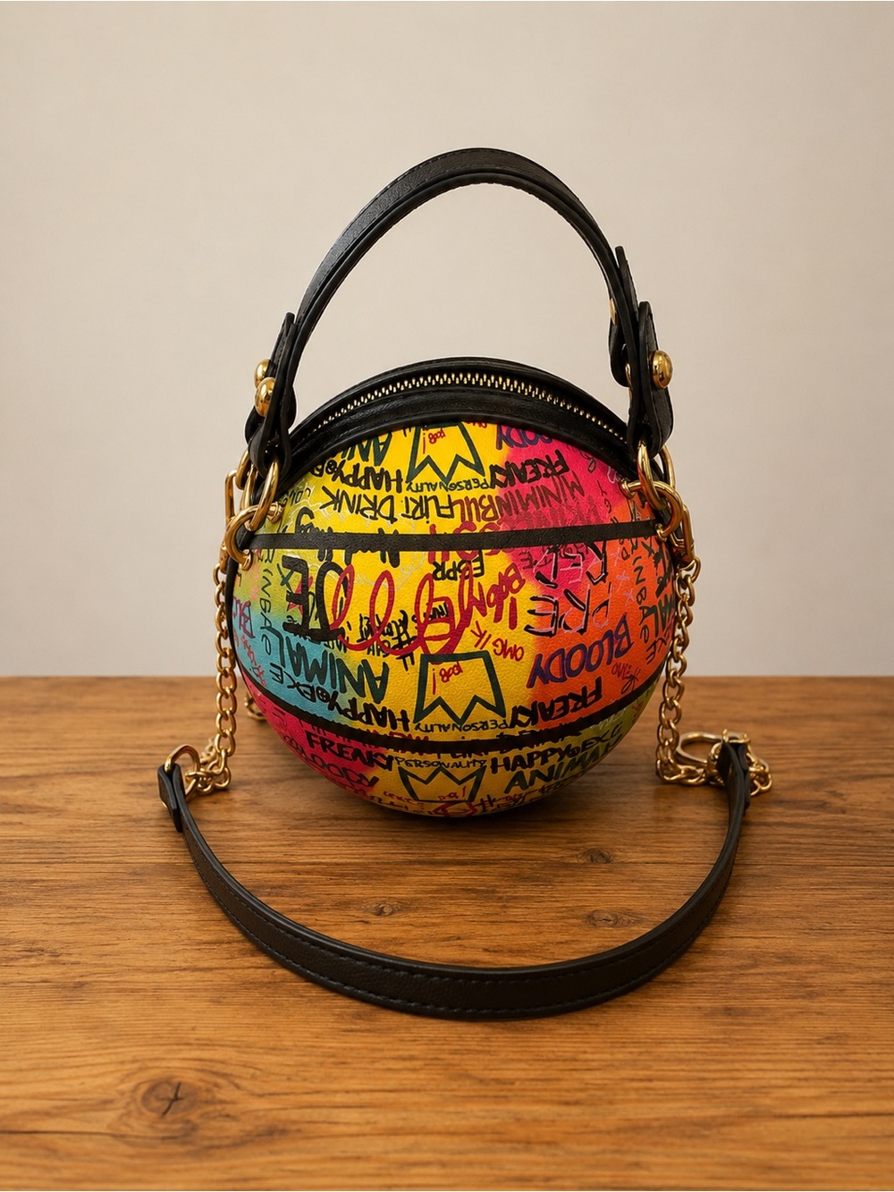 Multicolor Graffiti Round Crossbody Bag with Black Trim